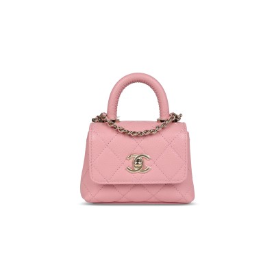 CHANEL MASTER GRAINED CALFSKIN NANO COCO TOP HANDLE FLAP BAG LIGHT GOLD HARDWARE PINK AP4245 (11*9*5cm)